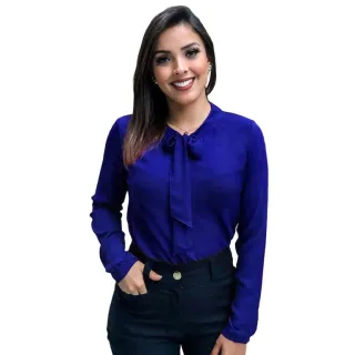 Blusa Social Feminina Manga Longa com Laço na Gola - Rosa