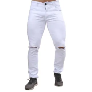 Calça Masculina Preta e Branca Jeans Skinny Destroyed com Lycra 36 38 40 42 44 46 48 - PRETA 46