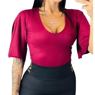 Moda Evangelica Blusa Feminina Premium Canelado Manga Flare - Listrado