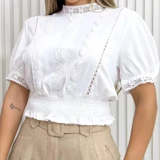 Moda Verão: Blusa Social Feminina com Renda e Manga Bufante 3RD SD011 - Branco