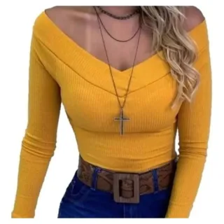 Blusinha Feminina Ombro a Ombro Manga Longa Canelada - Bordô
