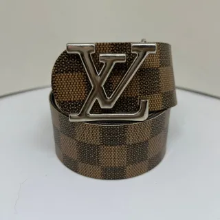 Couro Xadrez Dupla Face Cinto Masculino - Ouro Escovado - Marrom