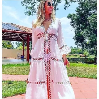 Vestido longo feminino simples e puro, saída de praia quimono - Bege