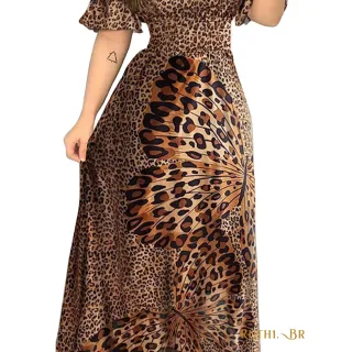 Estampa de Borboleta em Vestido Longo Feminino de Oncinha - Leopardo-m