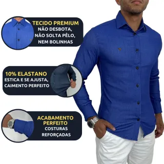 Camisa lisa social masculina manga longa slim em jeans elastano - Escuro