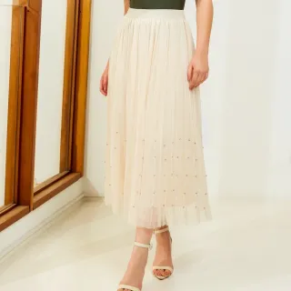 Moda Verão Saia Feminina Forrada de Tule Midi com Brilho - 3RD SD044 - Creme