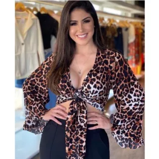 Blusa Frente / Costa Amarrar Cropped Onça Manga Longa Flare Babado - onca amarelo