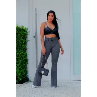 Flare Feminina Bolsos Frontal Calça Estilo Linha - Marsala