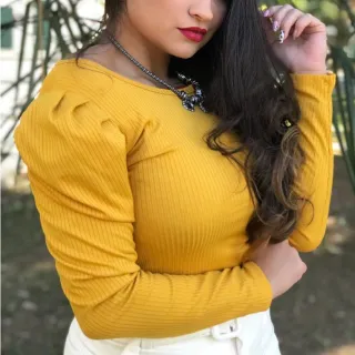 Blusinha Princesa Bufante Manga Longa Canelado - Moda Feminina - Azul