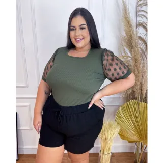 Blusa Moda Evangélica Plus Size com Manga Princesa, Barata e Estilosa Tule - Avelã