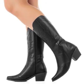 Botas Texanas Femininas GiGiL - Cano Baixo, Salto Médio - Preto