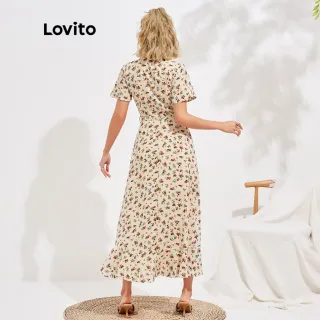 Vestido Vintage Estampa Floral Amarração Manga Bufante Lovito L16D045 (Bege) - Série Bege (Básico Cor)