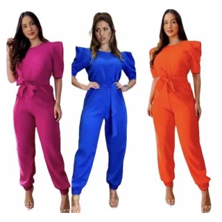 Manga Princesa Macacão Longo Feminino com Cinto - Fúcsia