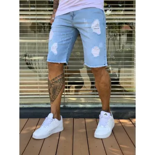 Moda Verão Tendência Premium: Bermuda Jeans Masculina Rasgada Original - Azul Claro