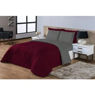 Edredom Queen Dupla Face Kit Vitória - 06 peças - Vinho/cinza