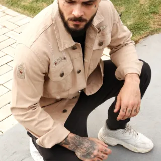 Patches Destroyed Slim Fit Jaqueta Jeans Masculina - Caqui