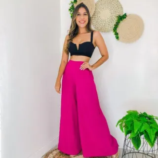 Pantalona Feminina em viscolinho P/M/G - vinho-sem cinto