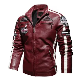 Jaqueta de Couro Vintage Masculina 2021 - Moda Nova, Motocicleta, Bombardeiro - Vermelho+preto