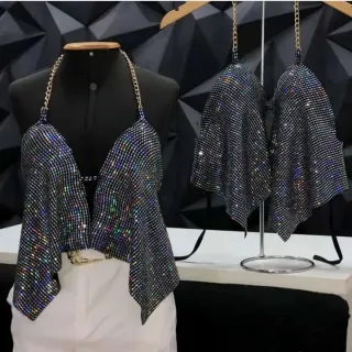 Cropped Frente Única Lurex e Paetê com Corrente Feminino - Rosa Paetê Quadrado Rosa