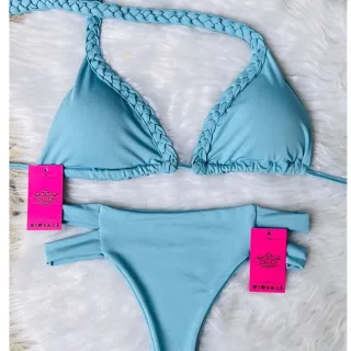 Calcinha Biquíni Hot Pant Cintura Alta Trançado Com Bojo Faixas - Calica moda praia - Rosa Escuro