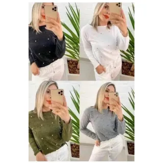 Blusas femininas com pedrinhas, manga longa e comprida - Vermelho