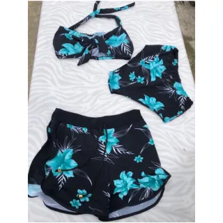 Biquíni estampado orquídea com shorts de cintura alta - Conjunto feminino de três peças - 6 PINK