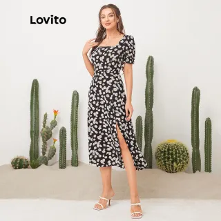 Vestido Lovito Casual Estampa Floral Gola Quadrada L11D32 (Preto) - Verde