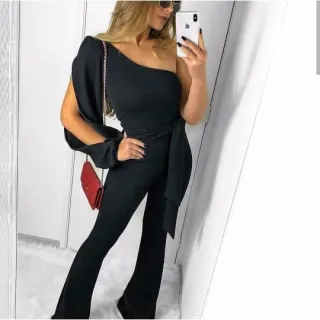 Macacão Social Feminino Manga Longa Vazada Flare Unica - Raryel - Preto