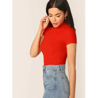 Fashion T-Shirt Feminina Manga Curta Gola Alta Canelado - Kit 3 peças - Kit 3 pecas vinho