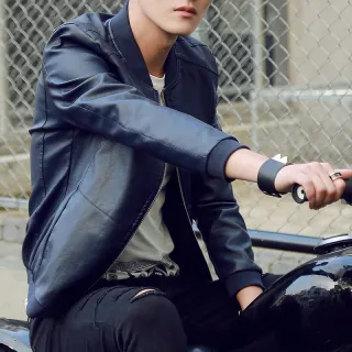 Jaqueta de Couro Slim Fit Coreano Outono Inverno Moda Casual Masculina - Preto
