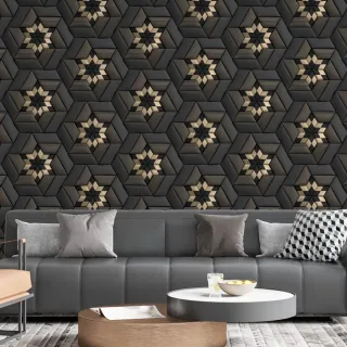 Papel de Parede Lavável Autocolante Geométrico Flor 3D Dourado e Cinza Escuro - Sala Quarto - Único