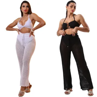 Calça Feminina Saída de Praia Flare com Ajuste em Cordão - Tricô - Preta