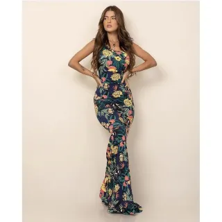 Costas Cruzadas Drapeado Sereia Vestido Longo Bumbum - estampa 6