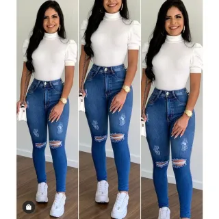 Blusa manga curta bufante feminina canelada com gola alta - G