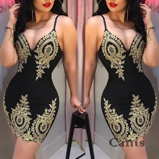 Vestido Mini Bodycon Sexy V Neck - Estampa Floral, Sem Mangas - Preto