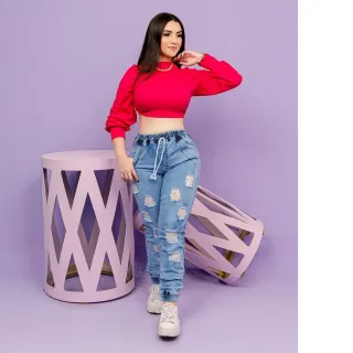 Cintura Alta Calça Jeans Jogger Feminina - Blogueira - jeans escuro jogger