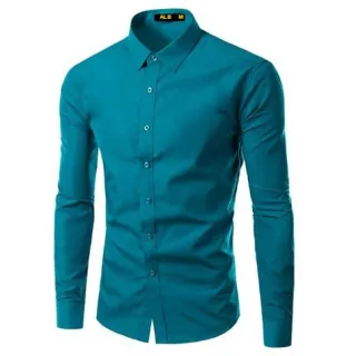 Promoção de Camisa Social Masculina Slim Fit em Algodão e Elastano - Manga Longa - Verde Seco