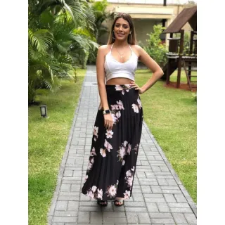 Moda Luxo Evento Saia Longa Feminina Plissada Estampada Floral - Branco off 2