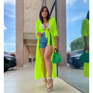 Praia Longa Plissado Liso Banho Picsina - Compre Online na Raryel - AMARELO NEON