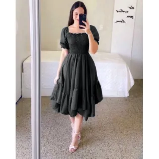 Manga Bufante Vestido Midi Moda Evangélica Curto - Azul marinho manga bufante