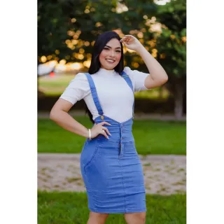 7PALLAS Jardineira Jeans Evangélica Moda 5 Botões - jeans