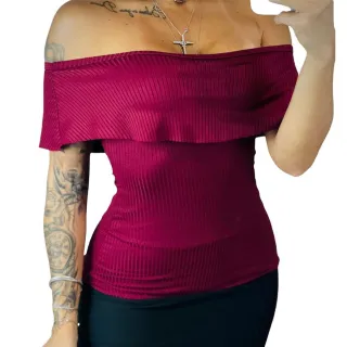Blusa Canelada Feminina Premium Ombro a Ombro Ciganinha - Bordô