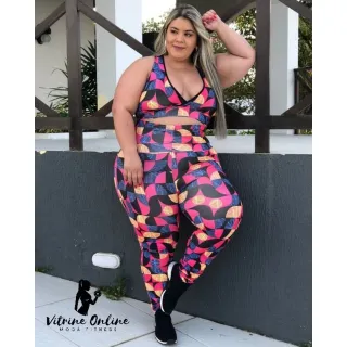 Moda Feminina Fitness: Conjunto Top + Calça Legging Plus Size Cós Alto