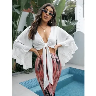 Roupa Feminina Cropped Blusa Manga Flare Babado - Fúcsia