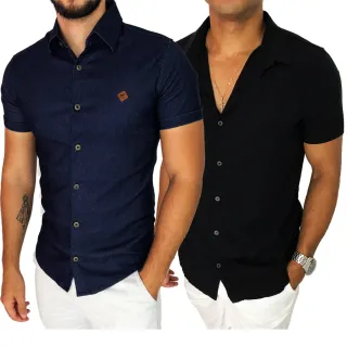 Camisa Jeans Masculina Manga Curta + Camisa Social Slim Manga Curta