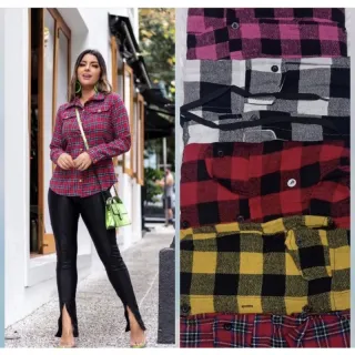Blusa Flanelada Xadrez Feminina Manga Longa P M G GG - Vermelho COM PRETO