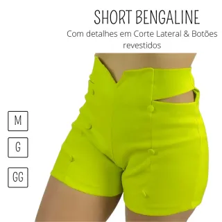 Tendência moda feminina - Short bengaline estilo puro com corte lateral & botões revestidos - Verde Bandeira