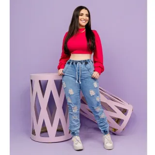 Cintura Alta Calça Jeans Jogger Feminina - Blogueira - jeans escuro jogger