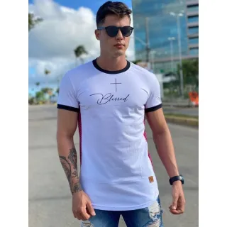 Camiseta estampada masculina manga curta longline - PRETA COM AZUL