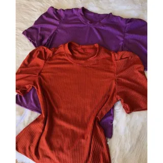 Malha Canelada Manga Curta Blusa Feminina Princesa Bufante - Roxo